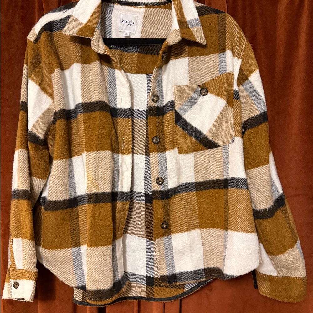 Kensie Mustard, White & Black Plaid Button-Front Shacket